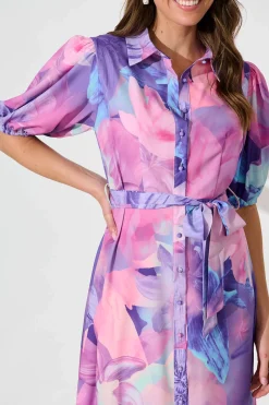New Gabriela Maxi Shirt Dress In Pink With Purple Floral Dresses|Party