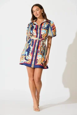 Discount Gabrielino Shirt Dress In Navy Multi Print Satin Dresses|Casual