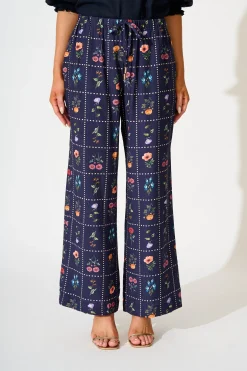 Discount Garden Frame Pant in Navy with Multi Floral Bottoms|Pants