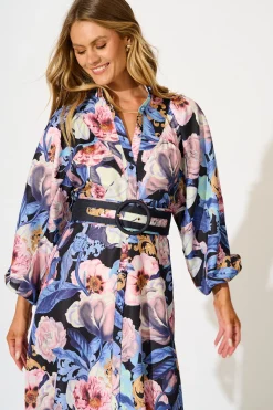 Best Garden Gala Maxi Dress in Multi Blue Floral Linen Blend Dresses|Party