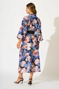 Best Garden Gala Maxi Dress in Multi Blue Floral Linen Blend Dresses|Party