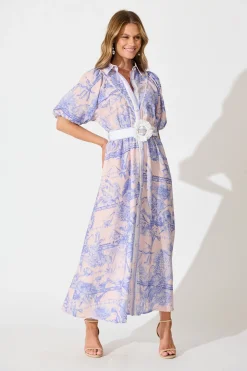 Outlet Garden Spritz Maxi Shirt Dress in Blush with Blue Linen Blend Dresses|Party
