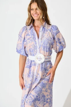 Outlet Garden Spritz Maxi Shirt Dress in Blush with Blue Linen Blend Dresses|Party