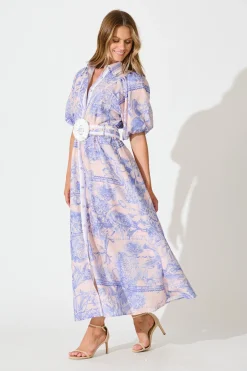 Outlet Garden Spritz Maxi Shirt Dress in Blush with Blue Linen Blend Dresses|Party