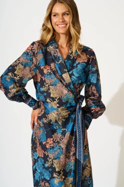 Online Garden Whispers Midi Dress in Black Multi Floral Linen Blend Dresses|Party