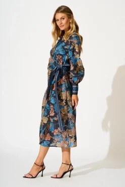 Online Garden Whispers Midi Dress in Black Multi Floral Linen Blend Dresses|Party