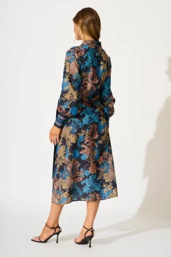 Online Garden Whispers Midi Dress in Black Multi Floral Linen Blend Dresses|Party