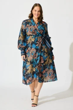 Online Garden Whispers Midi Dress in Black Multi Floral Linen Blend Dresses|Party