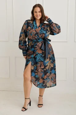 Online Garden Whispers Midi Dress in Black Multi Floral Linen Blend Dresses|Party