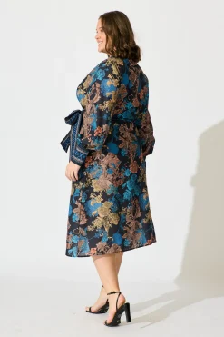 Online Garden Whispers Midi Dress in Black Multi Floral Linen Blend Dresses|Party