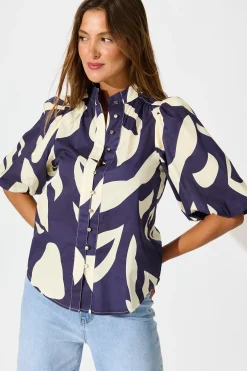 Fashion Gigi Shirt in Navy and Cream Print Cotton Tops