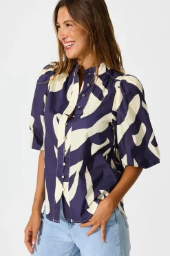 Fashion Gigi Shirt in Navy and Cream Print Cotton Tops