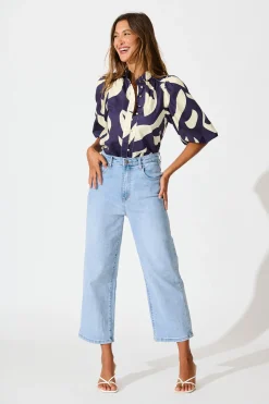 Fashion Gigi Shirt in Navy and Cream Print Cotton Tops