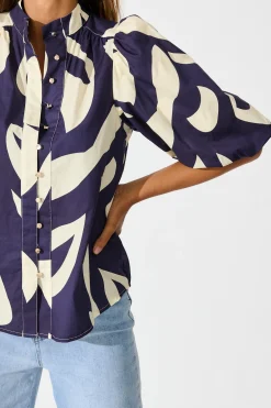 Fashion Gigi Shirt in Navy and Cream Print Cotton Tops