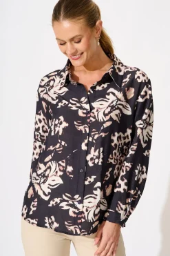 Outlet Gina Shirt in Black with Brown Print Tops|Workwear