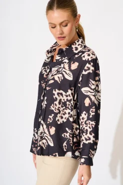 Outlet Gina Shirt in Black with Brown Print Tops|Workwear