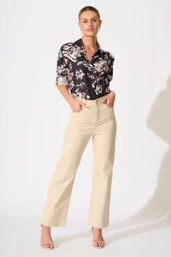 Outlet Gina Shirt in Black with Brown Print Tops|Workwear