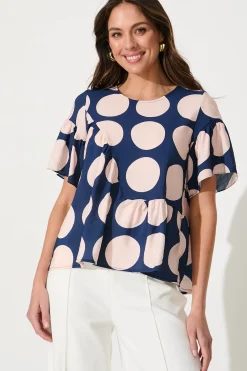 Discount Girona Top In Navy With Blush Spot Cotton Blend Tops|Casual