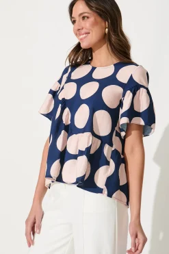 Discount Girona Top In Navy With Blush Spot Cotton Blend Tops|Casual