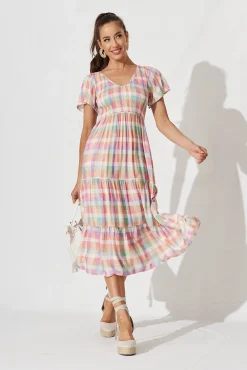 Hot Glorya Midi Dress In Multi Check Gingham Dresses|Party