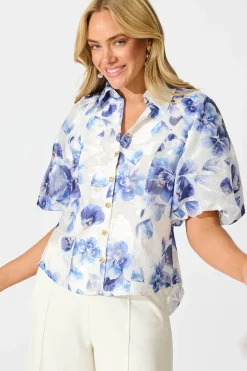 Best Good love Shirt in White with Blue Floral Organza Tops|Party & Occasion