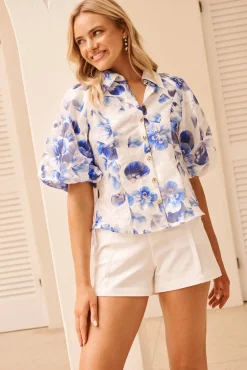 Best Good love Shirt in White with Blue Floral Organza Tops|Party & Occasion