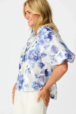 Best Good love Shirt in White with Blue Floral Organza Tops|Party & Occasion
