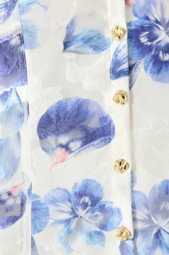 Best Good love Shirt in White with Blue Floral Organza Tops|Party & Occasion