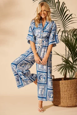 Fashion Gracelands Jumpsuit in Blue with White Stamp Print Bottoms|Playsuits & Jumpsuits