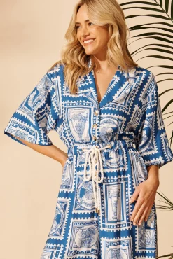 Fashion Gracelands Jumpsuit in Blue with White Stamp Print Bottoms|Playsuits & Jumpsuits