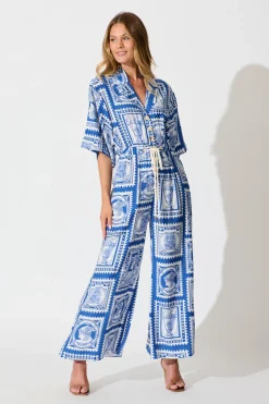 Fashion Gracelands Jumpsuit in Blue with White Stamp Print Bottoms|Playsuits & Jumpsuits