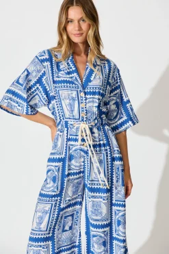 Fashion Gracelands Jumpsuit in Blue with White Stamp Print Bottoms|Playsuits & Jumpsuits