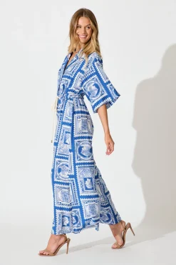 Fashion Gracelands Jumpsuit in Blue with White Stamp Print Bottoms|Playsuits & Jumpsuits