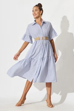 Outlet Gwennie Midi Shirt Dress In Blue And White Stripe Cotton Dresses|Casual