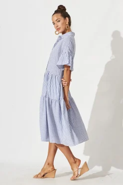 Outlet Gwennie Midi Shirt Dress In Blue And White Stripe Cotton Dresses|Casual