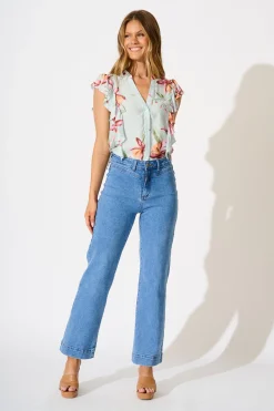 New Hallie Top in Pale Blue with Pink Floral Print Tops|Casual