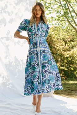Best Halswell Maxi Shirt Dress In Blue And Green Tile Print Dresses|Casual