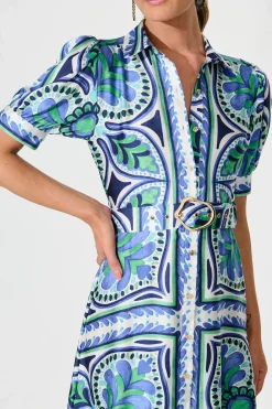 Best Halswell Maxi Shirt Dress In Blue And Green Tile Print Dresses|Casual