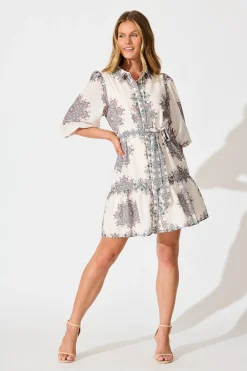 Outlet Harbour Shirt Dress in Cream with Green Multi Linen Blend Dresses|Casual