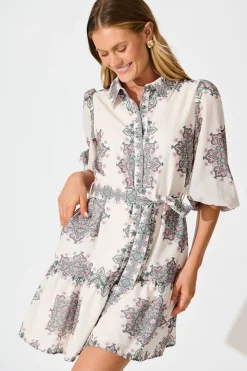 Outlet Harbour Shirt Dress in Cream with Green Multi Linen Blend Dresses|Casual