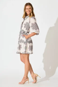 Outlet Harbour Shirt Dress in Cream with Green Multi Linen Blend Dresses|Casual