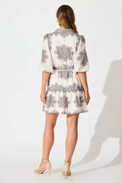 Outlet Harbour Shirt Dress in Cream with Green Multi Linen Blend Dresses|Casual