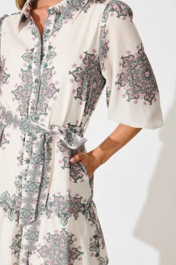 Outlet Harbour Shirt Dress in Cream with Green Multi Linen Blend Dresses|Casual