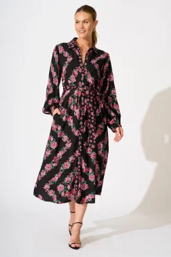 Best Harlee Midi Shirt Dress in Black with Pink Floral Dresses|Casual