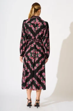 Best Harlee Midi Shirt Dress in Black with Pink Floral Dresses|Casual