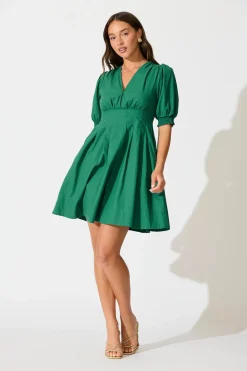 Discount Hazel Dress in Emerald Green Cotton Dresses|Casual