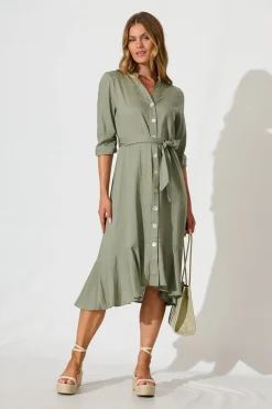 Sale Heartland Midi Dress In Khaki Linen Blend Dresses|Casual