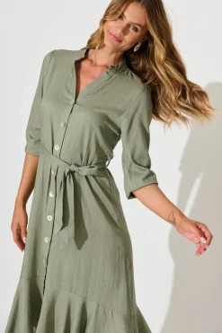Sale Heartland Midi Dress In Khaki Linen Blend Dresses|Casual