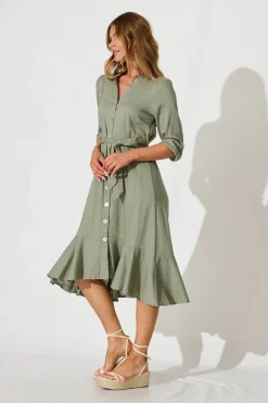 Sale Heartland Midi Dress In Khaki Linen Blend Dresses|Casual