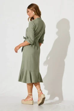 Sale Heartland Midi Dress In Khaki Linen Blend Dresses|Casual